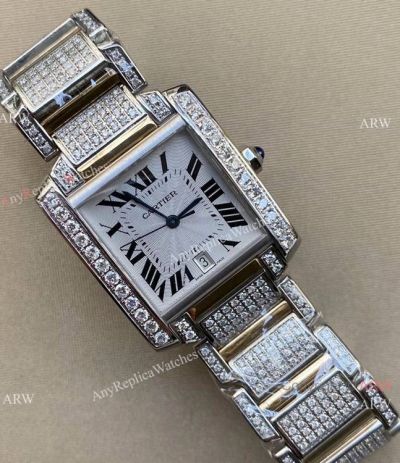 Replica Iced Out Diamond Cartier Tank Francaise Men Watch 